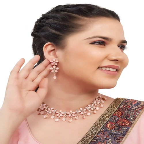 Rose Gold Plated Necklace Set with Monalisa Pink Kundan