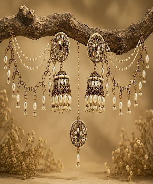 Traditional Kundan Pearl Jhumka Earrings with Maang Tikka – Handmade Bridal Ethnic Jewelry Set