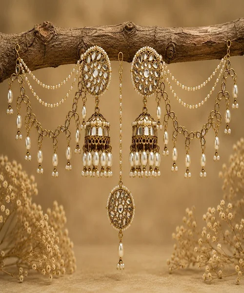 Elegant Kundan Pearl Jhumka Earrings with Maang Tikka